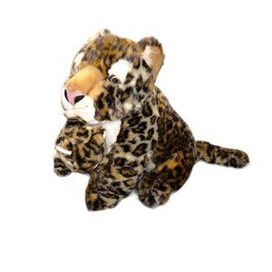 Fine Toy Brown Leopard Mom & Attached Baby 18” Plush Soft Stuffed Animal